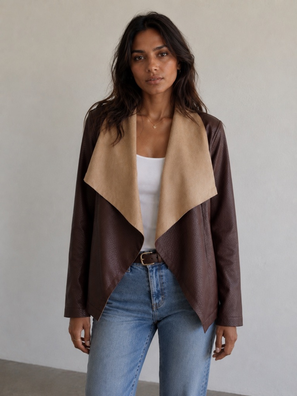 Tahari Brown Faux Leather Jacket Size Medium Draped Collar Open Front